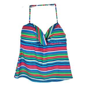 PointZero Ocean Size 16 Swim Top Striped Halter Blue Red Green Built in Bra 1258